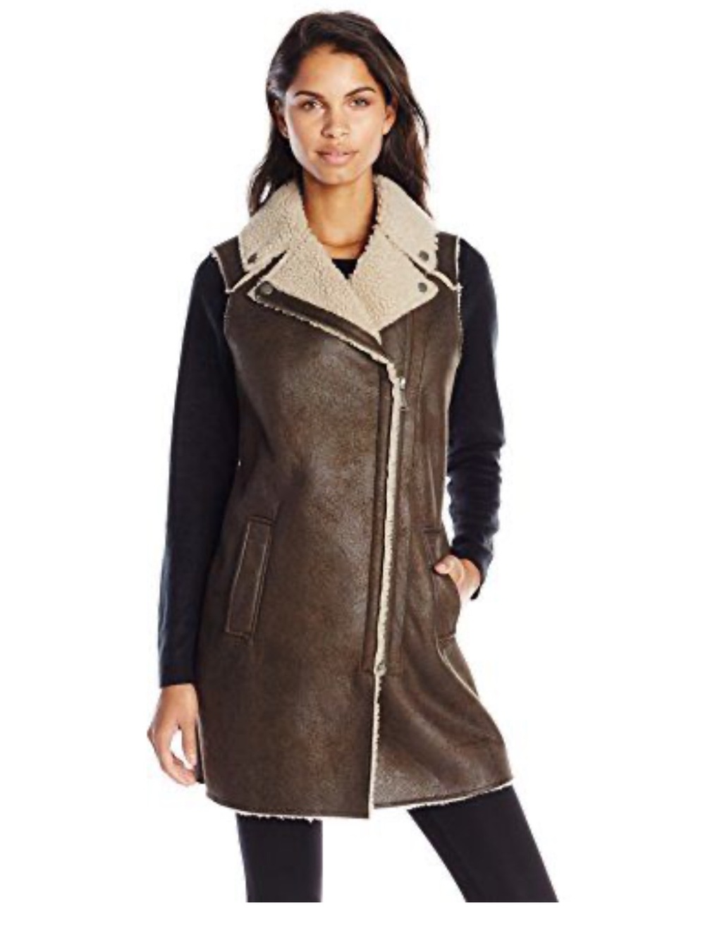 BCBGeneration New Brown Faux Shearling Long Vest with Cream Trim